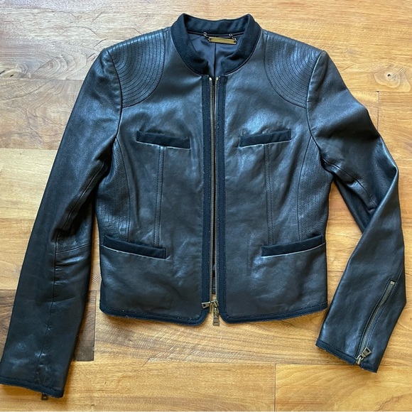 Diane Von Furstenberg DVF Black Leather Moto Lady Jacket Zip Front Round Collar - Picture 6 of 14